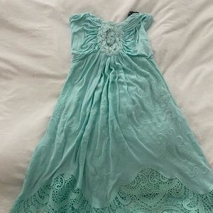 Beautiful Sky Turquoise Midi Dress with Lace-Up Back - S